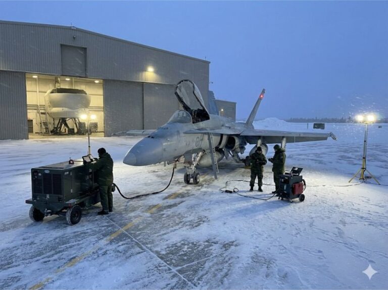 Ground crew in winter gear servicing a fighter jet on a snowy tarmac at dusk, with a ground power unit connected and a large hangar containing a flight simulator visible in the background. | The Deltic Group